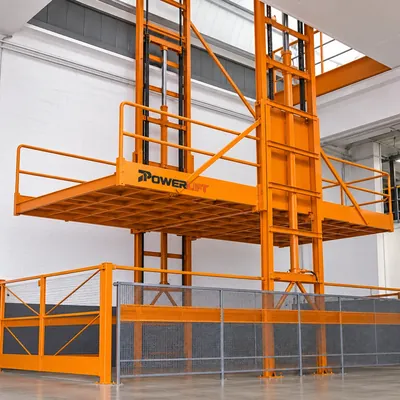 Illustrative image of an orange Powerlift double mast hydraulic vehicle lift