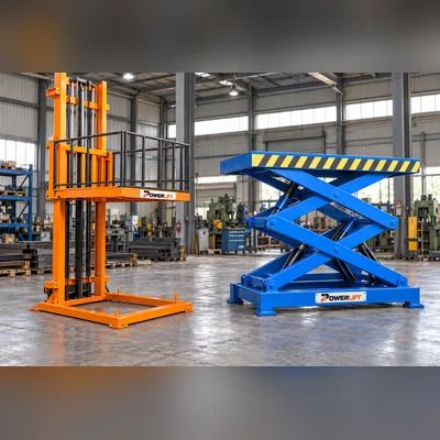 Orange column freight lift and blue hydraulic scissor platform side by side