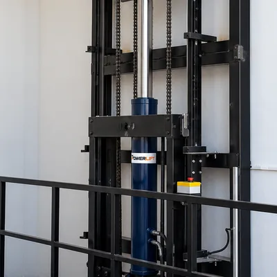 Hydraulic vehicle lift with Powerlift label attached to the blue cylinder barrel
