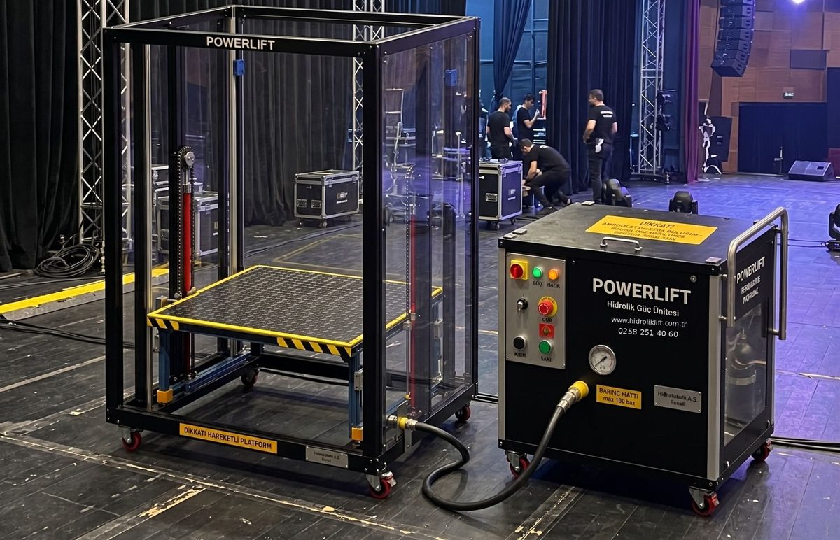 Sahne arkasında kurulu Powerlift pop-up lift ve hidrolik güç ünitesi