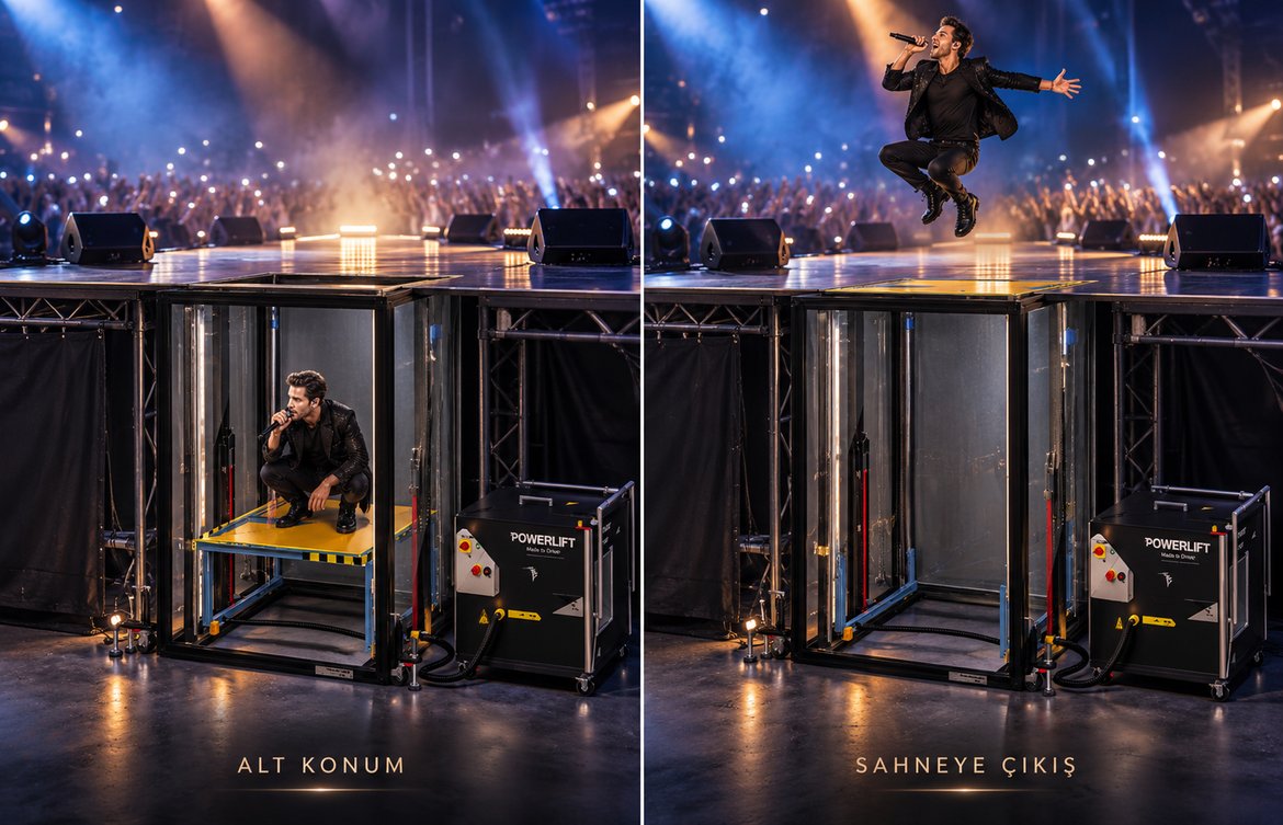 Powerlift pop-up lift konserde: alt konumda bekleyen sanatçı ve sahneye çıkış