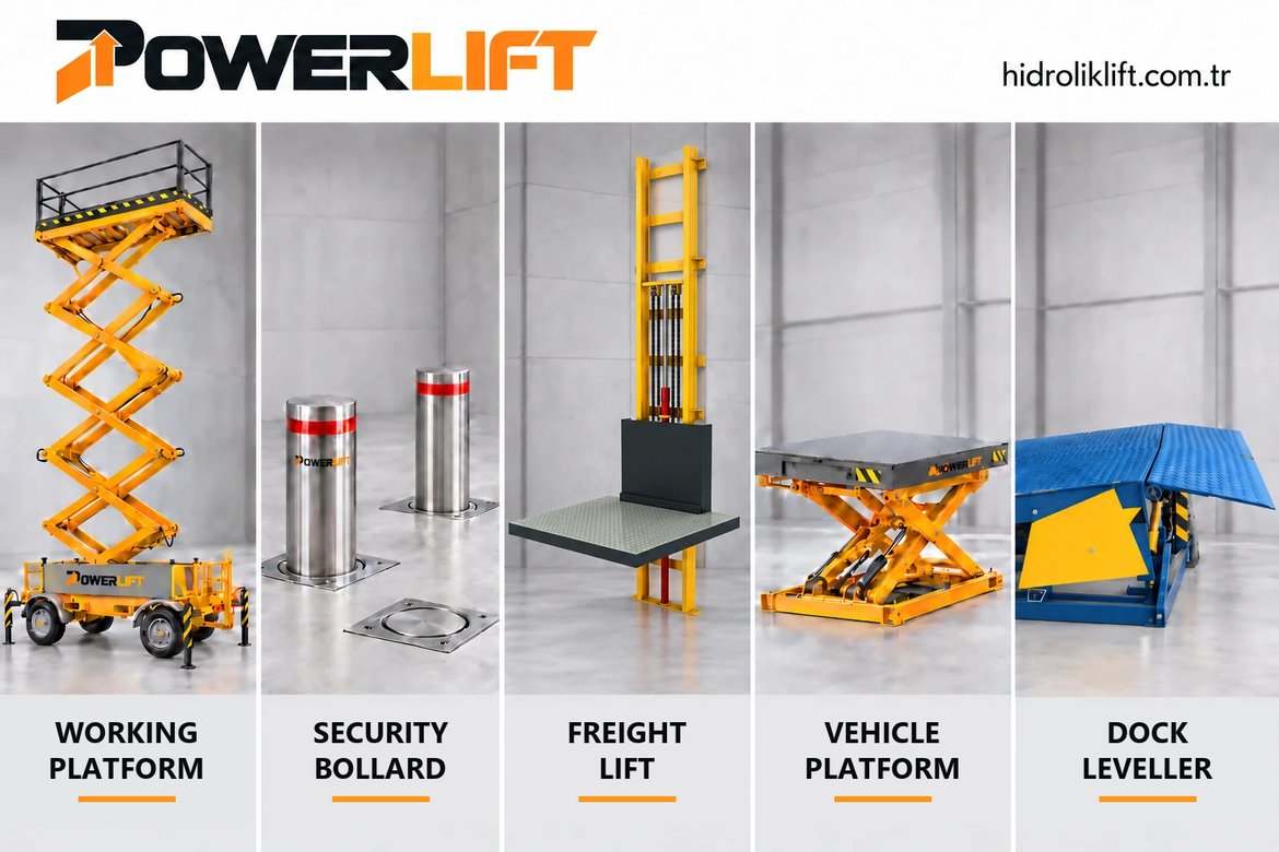 Powerlift product range: working platform, security bollard, freight lift, vehicle platform, dock leveller