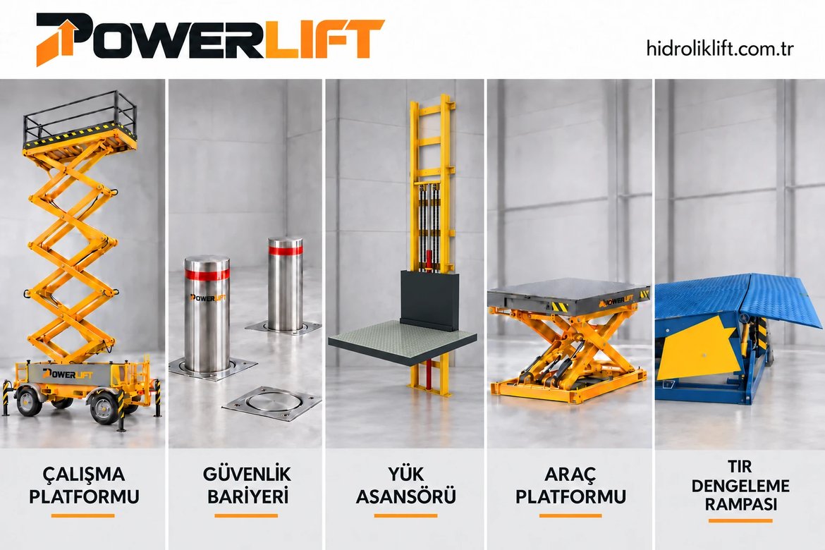 Powerlift ürün gamı: çalışma platformu, güvenlik bariyeri, yük asansörü, araç platformu, tır dengeleme rampası
